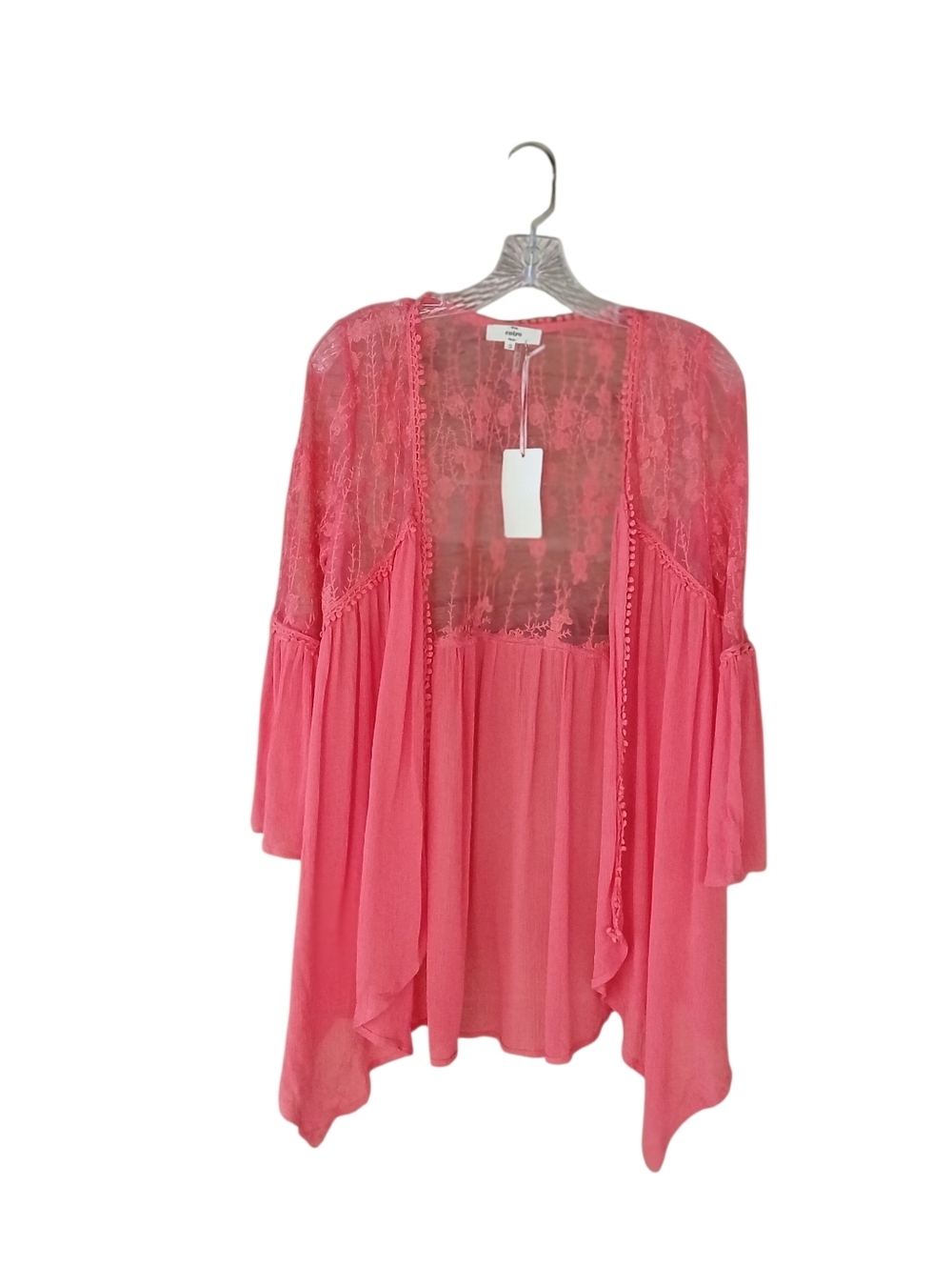 Entro Coral Pink Open Front Lace Back Bell Sleeve Rayon Blouse Small